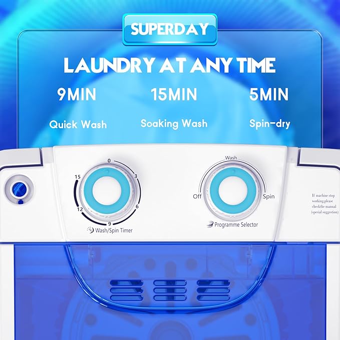 Superday Mini Portable Washing Machine, Single Tub Compact Laundry with Spin Cycle, 6.6LBS Washing Capacity Small Electric Washer Machine for Home, Apartments, Outdoor, RV, Dormitory, Blue