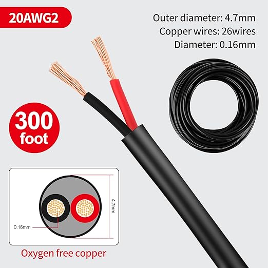 Lesnlok 20 Gauge Wire 2 Conductor, 20 AWG Electrical Wire Stranded PVC Cord Oxygen-Free Copper Cable, 300FT Tinned Copper Hookup Wire Cord for LED Lamp Lighting Strips Automotive Black