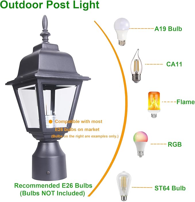 LIT-PaTH Outdoor Post Lighting Fixture Pole Lantern, E26 Medium Base Max 60W, Aluminum Housing Plus Clear Glass, Bulb Not Included, Matte Black Finish, 2-Pack
