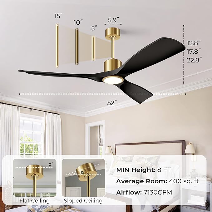 52" Smart Ceiling Fan with Lights,Black and Gold Outdoor Ceiling Fan,Work with Alexa/Gg/App/Remote,3-Color Light Dimmable 6-Speed Quiet Reversible for Patio Porch Bedroom