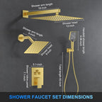 Shower Faucet Set, 12" Wall Mount Rainfall Shower System with 2 Rain Shower Head and Multi-function Handheld Head Push Button Diverter Shower Faucet Trim Kit, Brushed Gold