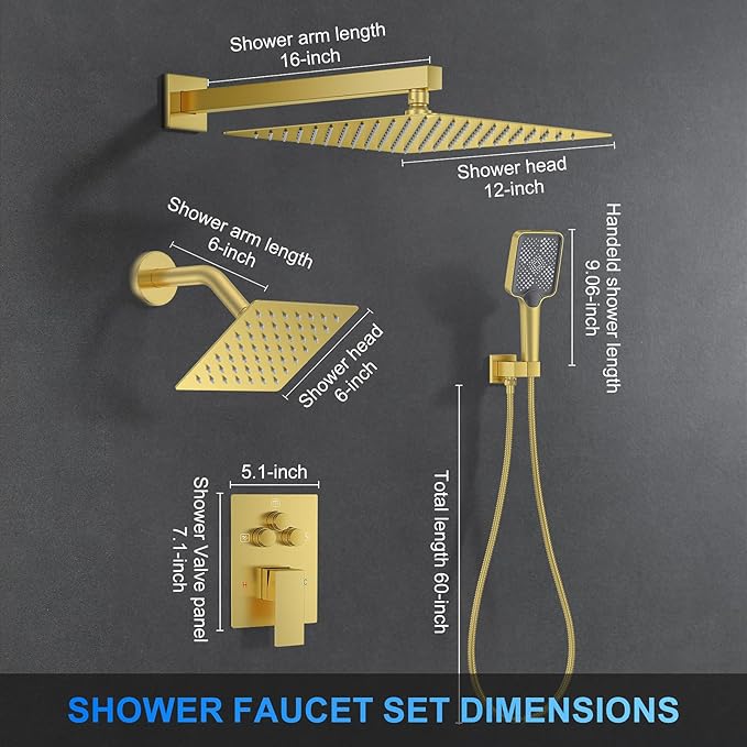 Shower Faucet Set, 12" Wall Mount Rainfall Shower System with 2 Rain Shower Head and Multi-function Handheld Head Push Button Diverter Shower Faucet Trim Kit, Brushed Gold