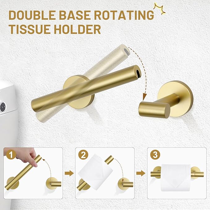 TURS Brushed Gold 5 Piece Bathroom Hardware Set, SUS304 Stainless Steel Bath Towel Bar Set, 23.6 Inch Round Bathroom Accessories Kit Wall Mounted