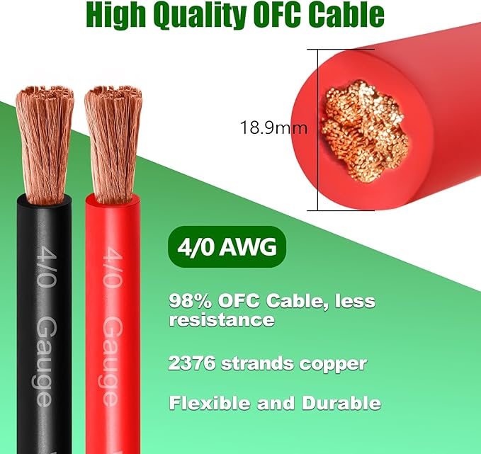 4/0 Gauge Battery Cable Copper Wire, 5FT Red+5FT Black 4/0 AWG Welding Cable Standard USA OFC Wire for Automotive, Battery, Solar, Marine and Generator