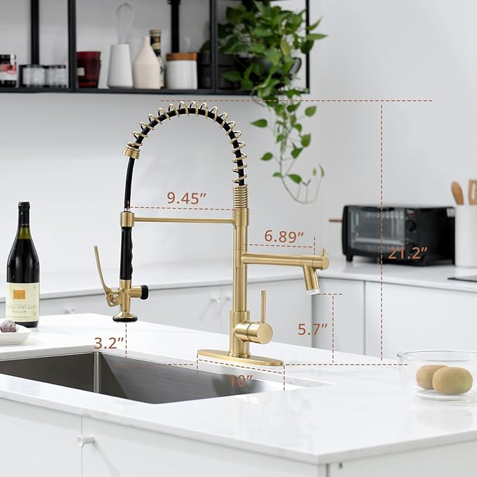 Fapully LED Kitchen Faucet with Pull Down Sprayer,Brushed Gold Commercial Kitchen Sink Faucet with Deck Plate