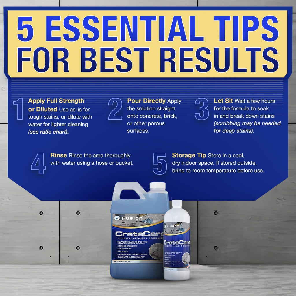 Fusion CreteCare: The Ultimate Concrete Cleaner and Driveway Oil Stain Remover for Garage Floors - Oil and Grease Remover, Super Clean Degreaser, and Outdoor Concrete Stain Solution (128 Fl Oz)