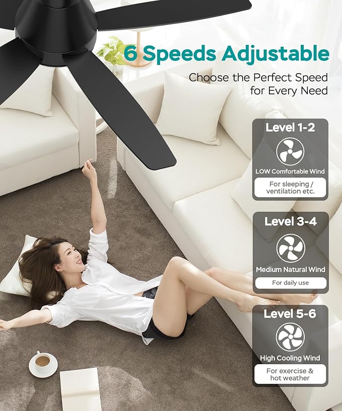 Ceiling Fans with Lights, 42 inch Ceiling Fans with Lights and Remote, Dimmable, Noiseless, Low Profile Ceiling Fan with Light for Bedroom, Indoor and Outdoor Use(Black)