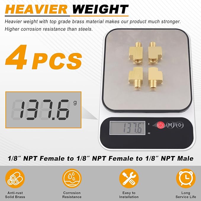 KOOTANS 4 Pack Brass Tee Fittings 1/8" NPT Female to 1/8" NPT Female to 1/8" NPT Male Barstock Street Tee Fittings 3 Way Brass Pipe Fitting