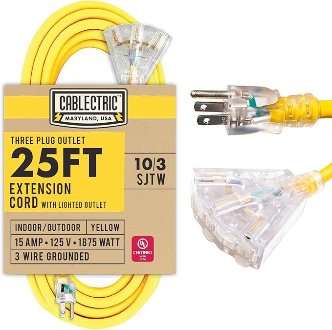 25 Ft Outdoor Extension Cord with 3 Power Outlets - 15 Amp 10/3 SJTW Heavy Duty Yellow 10 Gauge Lighted Electrical Cable with 3 Prong Grounded Plug