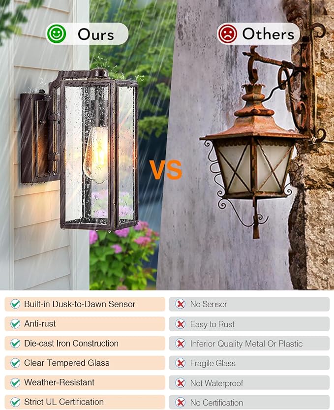 VIANIS Dusk to Dawn Outdoor Light Fixtures Wall Mount, Sensor Porch Lights, Anti-Rust Exterior Wall Sconce Lighting Lamp, Waterproof Coach Lantern for Doorway, Garage