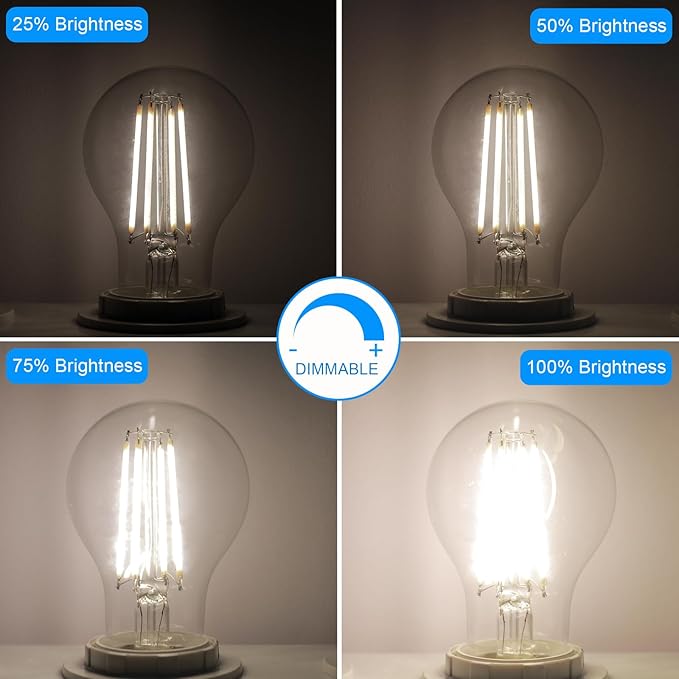 Energetic Dimmable LED Filament Light Bulbs, 8W, 60 Watt Equivalent, Cool White 4000K, Classic Clear Glass, A19 LED Light Bulb, 12 Pack