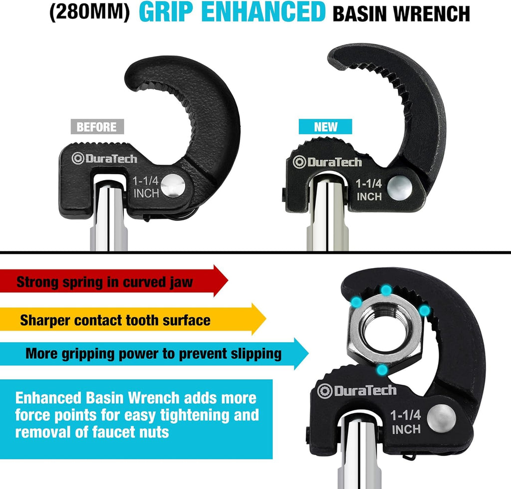 DURATECH 11" Basin Wrench, Sink Wrench, Adjustable Tap Nut Spanner Basin Spanner, Capacity of 3/8" to 1-1/4" for Fixing Back and Union Nuts Under Sink