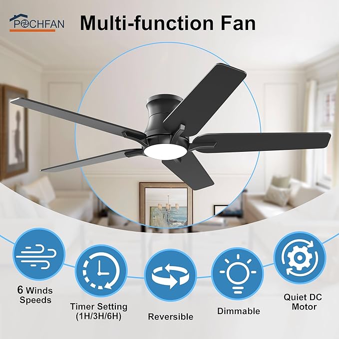 52 Inch Black Ceiling Fans with Lights and Remote, Flush Mount Low Profile Ceiling Fan for Bedroom, Living Room, Patio, Dimmable 6 Speeds Noiseless Reversible, ETL Listed