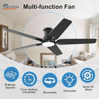 52 Inch Black Ceiling Fans with Lights and Remote, Flush Mount Low Profile Ceiling Fan for Bedroom, Living Room, Patio, Dimmable 6 Speeds Noiseless Reversible, ETL Listed