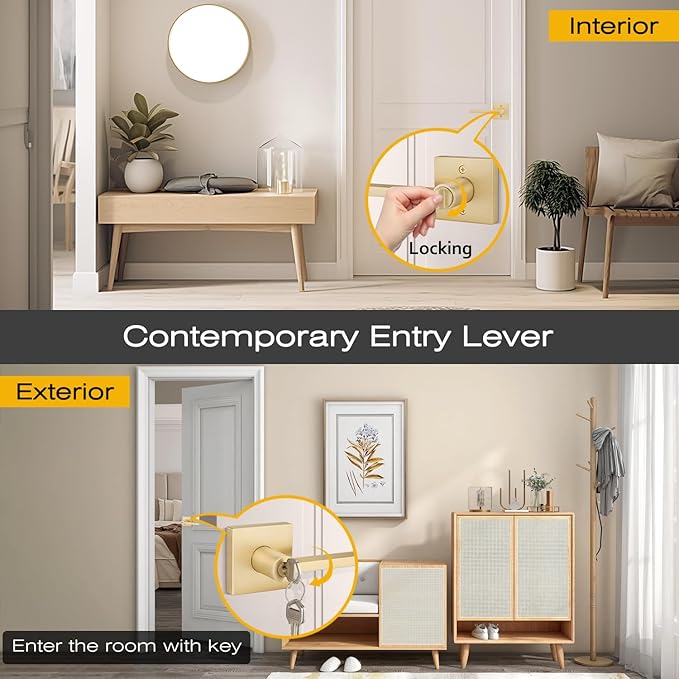EHOMEWARE 2 Pcs Satin Brass Door Handles, Interior/Exterior Door Knobs with Lock and Key, Gold Entry Door Levers for Bedroom Bathroom or Front Doors, Heavy Duty Modern Door Hardware