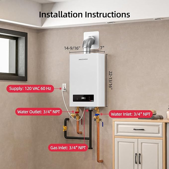 MIZUDO Natural Gas Tankless Water Heater, Indoor or Outdoor Convertible Installation, Max 5.1 GPM 120,000 BTU, WiFi&APP Control CSA Certified for Large Families Whole House, GEN 3