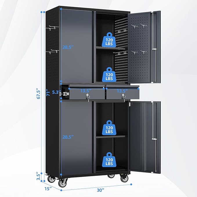 Metal Garage Storage Cabinet with 2 Drawers and 2 Adjustable Shelves, Rolling Tool Storage Cabinet with Wheels and Locking Doors for Garage, Warehouse, Black and Dark Gray