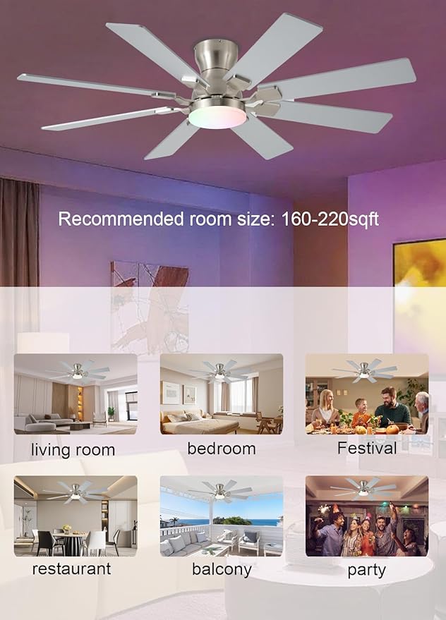 52 inch Ceiling Fan with Light, 6 Speeds Reversible Low Profile Ceiling Fan with Light and Remote/APP Control, 3 Color Temp+Dimmable RGB, 8 Blades, Flush Mount Quiet Ceiling Fans, Nickel