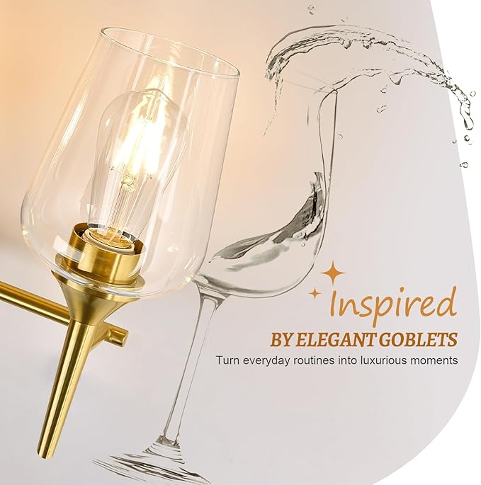 3-Light Bathroom Light Fixtures, 19.5 Inch Brushed Gold Vanity Lights with Wine-Glass Shape, Bathroom Lights Over Mirror, Modern Wall Lamps for Bedroom Living Room Hallway