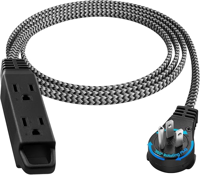 SURAIELEC 6FT Flat Extension Cord with 360° Rotating Plug, Braided Flat Plug with 3 Outlets, 16 AWG Thin Black Extension Cord for Indoor Use, Home, Office, Compact Spaces, ETL Listed