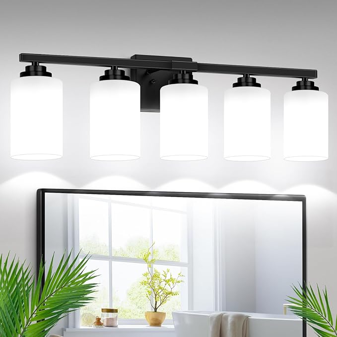 5-Light Bathroom Light Fixtures, 31" Modern Vanity Lights Over Mirror with Milky White Glass Shade, Matte Black Light Fixture, Classic Wall Light Fixture for Mirror Living Room Cabinet Bedroom Porch
