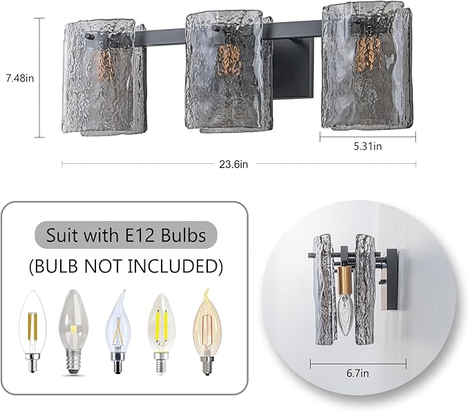EDISLIVE Vintage Bathroom Vanity Light Black 3-Light Bath Wall Light Fixture with Ripple Block Shades Glass 23.6" E12 Antique Wall Sconce for Bedroom Hallway Living Room Vanity Mirror