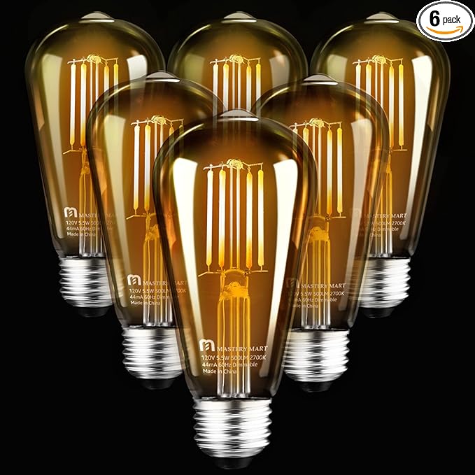 MASTERY MART Dimmable Vintage E26 LED Light Bulb, 2200K Warm White, 5.5W 60W Equivalent, Glass ST19 Antique Edison Style, 400 LM, Decorative Filament Bulb, UL and Energy Star, 6 Pack