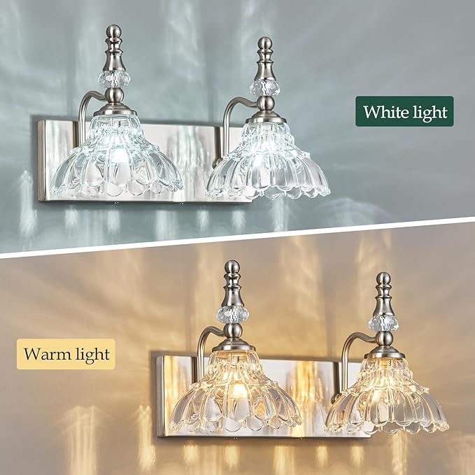 Vintage Bathroom Vanity Light, 2-Light Brushed Nickel Vanity Lighting Fixture with Flower Glass Shade, Bathroom Lighting Fixtures Over Mirror