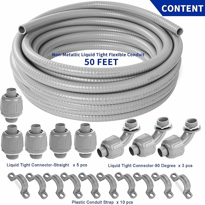 (1/2" Dia * 50 Feet) Yariwiz Flexible Electrical Conduit Liquid Tight PVC Conduit Kit with 5 PCS Coupling, 3 PCS Elbow and 10 PCS Strap, Sealtight Seal Flex Liquidtight Wire Outdoor Non Metallic Grey