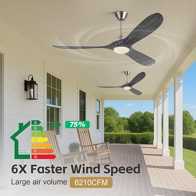 60 Inch Smart Outdoor Ceiling Fans with Light Alexa/Tuya App/Remote Control, Modern Gray Wood DC Ceiling Fan with Dimmable Led Light, Damp-rated Exterior Ceiling Fan for Patios Gazebo Bedroom Office
