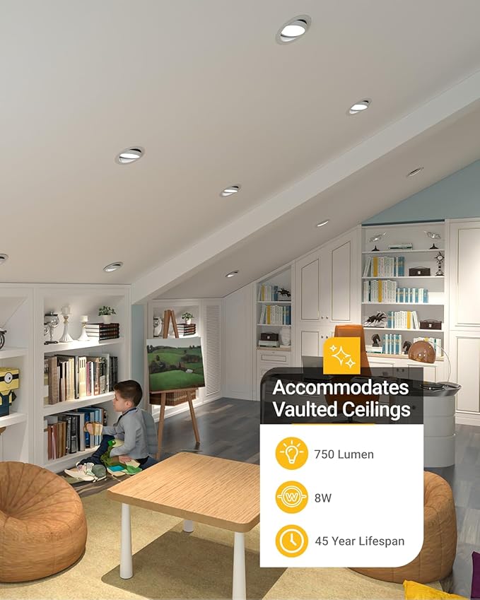 Sunco 6 Pack 4 Inch Adjustable Recessed Lighting 4 Inch LED, Angled Directional Eyeball Canless Gimbal, 750 LM, Selectable CCT 2700K/3000K/4000K/5000K/6000K, Dimmable, 8W, with Junction Box ETL