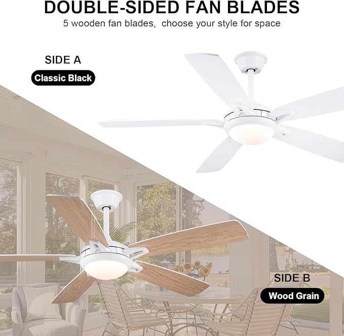 52 Inch Ceiling Fans with Lights and Remote, Modern Indoor Outdoor Ceiling Fan for Bedroom Living Room Patio Porch, 6 Speeds, Reversible Quiet Motor, Dual Finish Wooden Blades, White