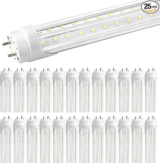 T8 LED Bulbs 4 Foot, 25-Pack 4FT LED Shop Light Tubes, 36W 4680LM 5000K Daylight White, T8 T10 T12 Fluorescent Replacement Bulbs, High Output V-Shaped, Remove Ballast, Double Ended Power