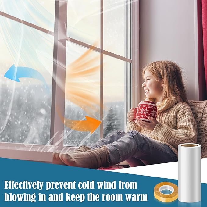 Window Insulation Kit, 87 × 394 Inch Plastic Window Coverings for Winter, Thicken Window Shrink Film Insulator Kit Windows Waterproof Winterizing with 4 Double-Sided Tape for 3 Pcs 7 x 9 Ft Windows