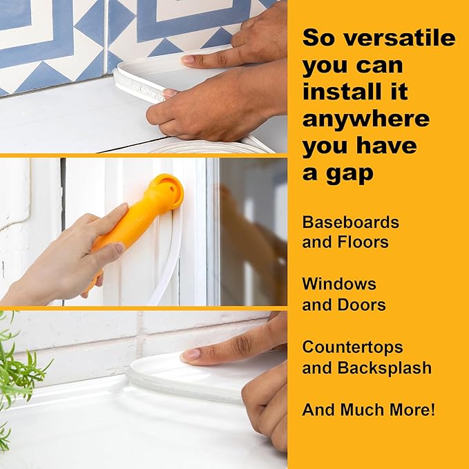 InstaTrim The Original Flexible Trim - 50ft White 1/2" Wide Caulk Tape - Adhesive Trim with Many Uses Including Caulking for Bathtubs, Sinks, Counters, Tile, Floors - Made in USA