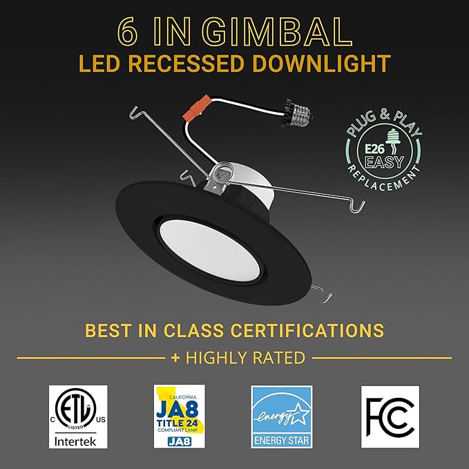NUWATT 6 Inch Recessed Gimbal Downlight, Dimmable, 16.5 Watts, 1200 Lumens, 120V, 5CCT: 27K/30K/35K/40K/50K, CRI >90, ETL Listed, Black Finish
