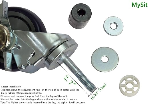MySit 4 inch Work Table Caster Wheels for Commercial Kitchen Prep Tables, Expanding Stem Casters Set of 4 with Locking Brakes Fit Both 1-1/2" and 1-5/8" Leg Tube Adapter for Stainless Steel Worktable