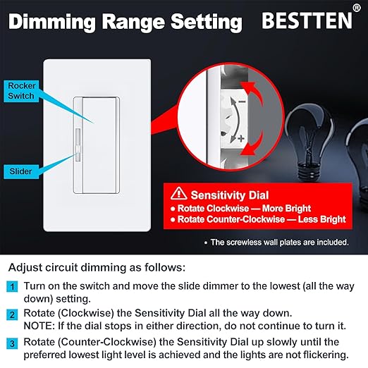 BESTTEN Super Slim Dimmer Light Switch, Quiet Rocker, Max 300W LED, CFL, 600W Incandescent, Single Pole or 3 Way Dimmable Switch with Screwless Wallplate, ETL Listed, 3 Pack, White