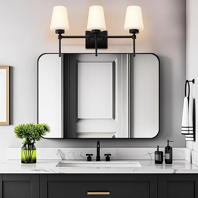 Bathroom Vanity Light Fixtures Brushed Black Over Mirror with Milk Glass Shade Wall Sconce Lighting Lamp Bath 3-Lights (Exclude E26 Bulb)