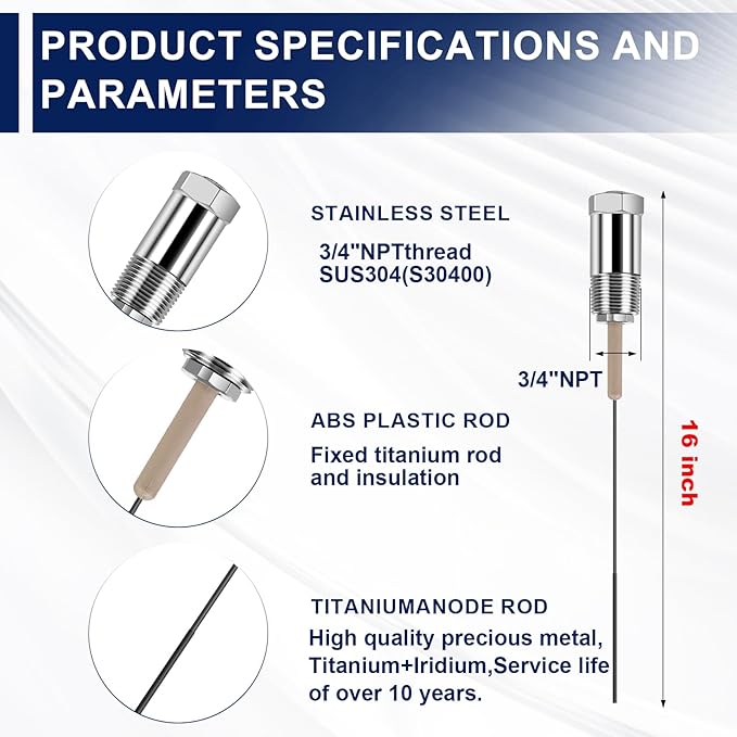 Powered Anode Rod, vattceel Water Heaters Titanium Anode Rod, Prevent Corrosion of Storage Tanks,Improving Water Quality, Up to 20 Years Service Life,NPT 3/4" Thread,For 30-90 Gallon Tank