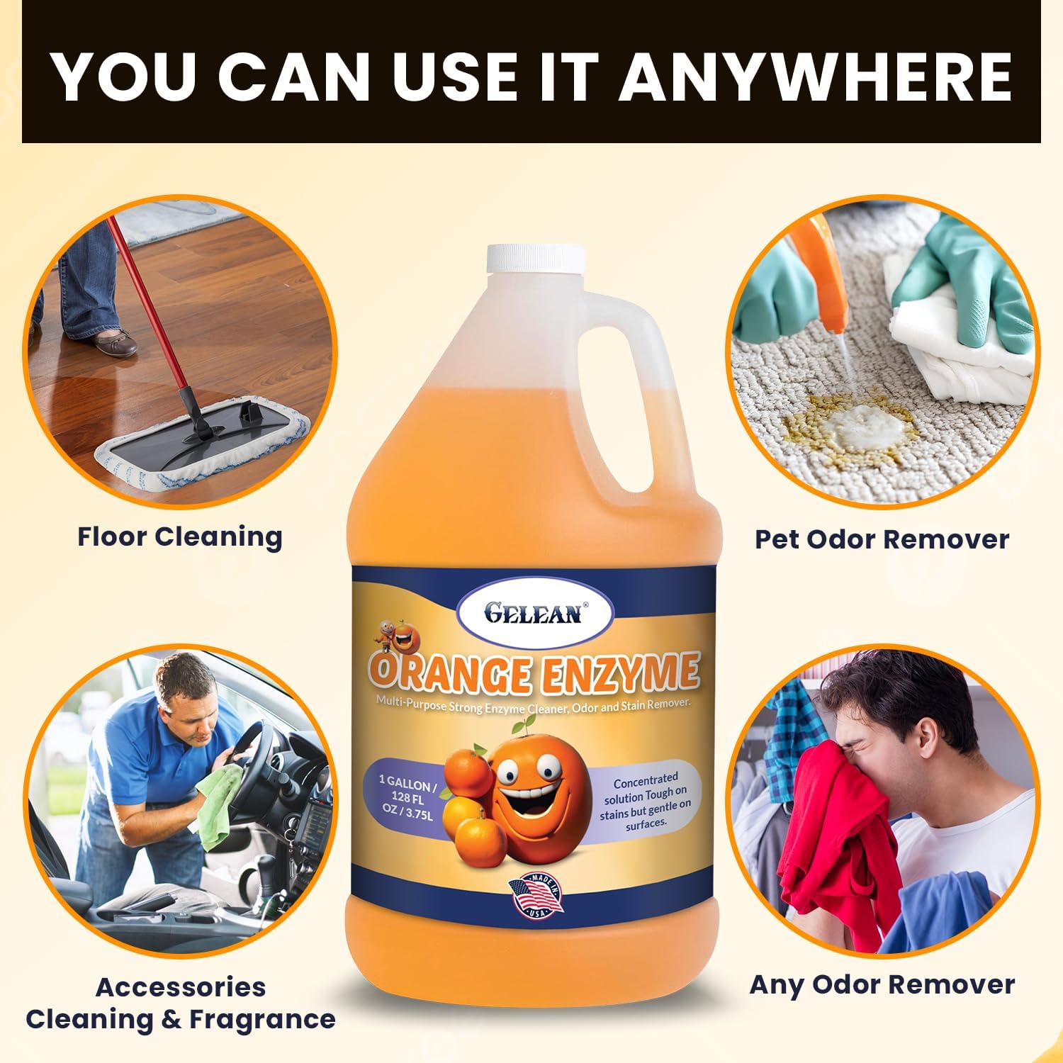 Multi-Purpose Enzyme Cleaner - MADE IN USA - Concentrate MAKES 64 GALLON - Stain and Odor Eliminator - ORANGE ENZYME - Odor Floor Cleaner All Purpose 128 oz
