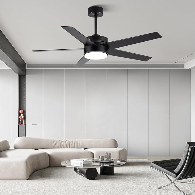 52 Inch Modern Ceiling Fan with Light, 5 Blades, Remote Control, Reversible DC Motor, Stepless Dimmable, Noiseless for Indoor and Use, Black