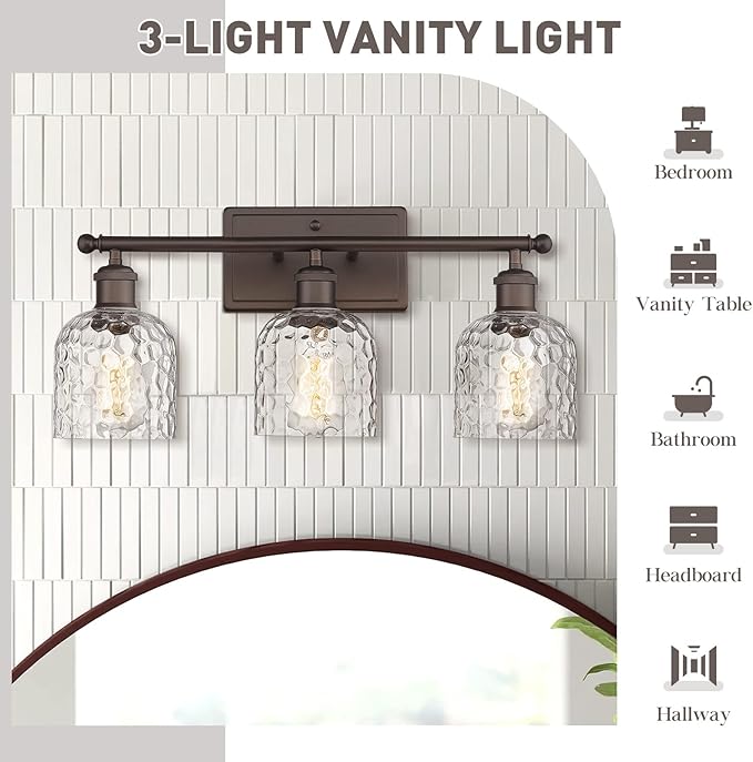 zeyu 3-Light Farmhouse Vanity Light Over Mirror, 21-inch Bathroom Light Fixtures with Hammered Glass Lampshade, Oil Rubbed Bronze Finish, ZJF63B-3W ORB