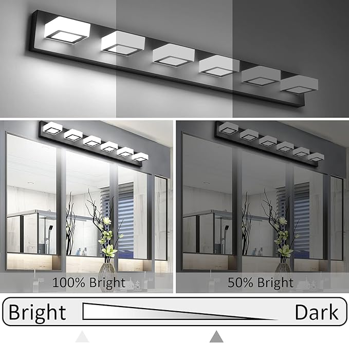 Ralbay 6 Lights LED Modern Dimmable Matte Black Vanity Light Acrylic Modern Vanity Wall Light Over Mirror Dimmable Bathroom Vanity Lighting Fixtures 6000K Cool White Light