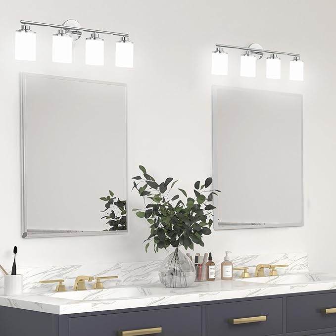 Chrome Bathroom Light Fixtures,4-Light Chrome Vanity Lights,Chrome Bathroom Lights Over Mirror,Mid-Century Modern Sconce with Frosted Glass