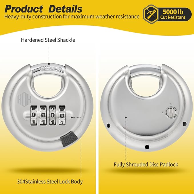 HOX Combination Lock, 4 Digit Disc Padlock with 3/8 Inch Hardened Steel Shackle, 2-3/4 Inch Wide Body, Keyless Heavy Duty Combo Lock for Hasp Latch, Sheds, Fences, Storage Locker (8 Pack)