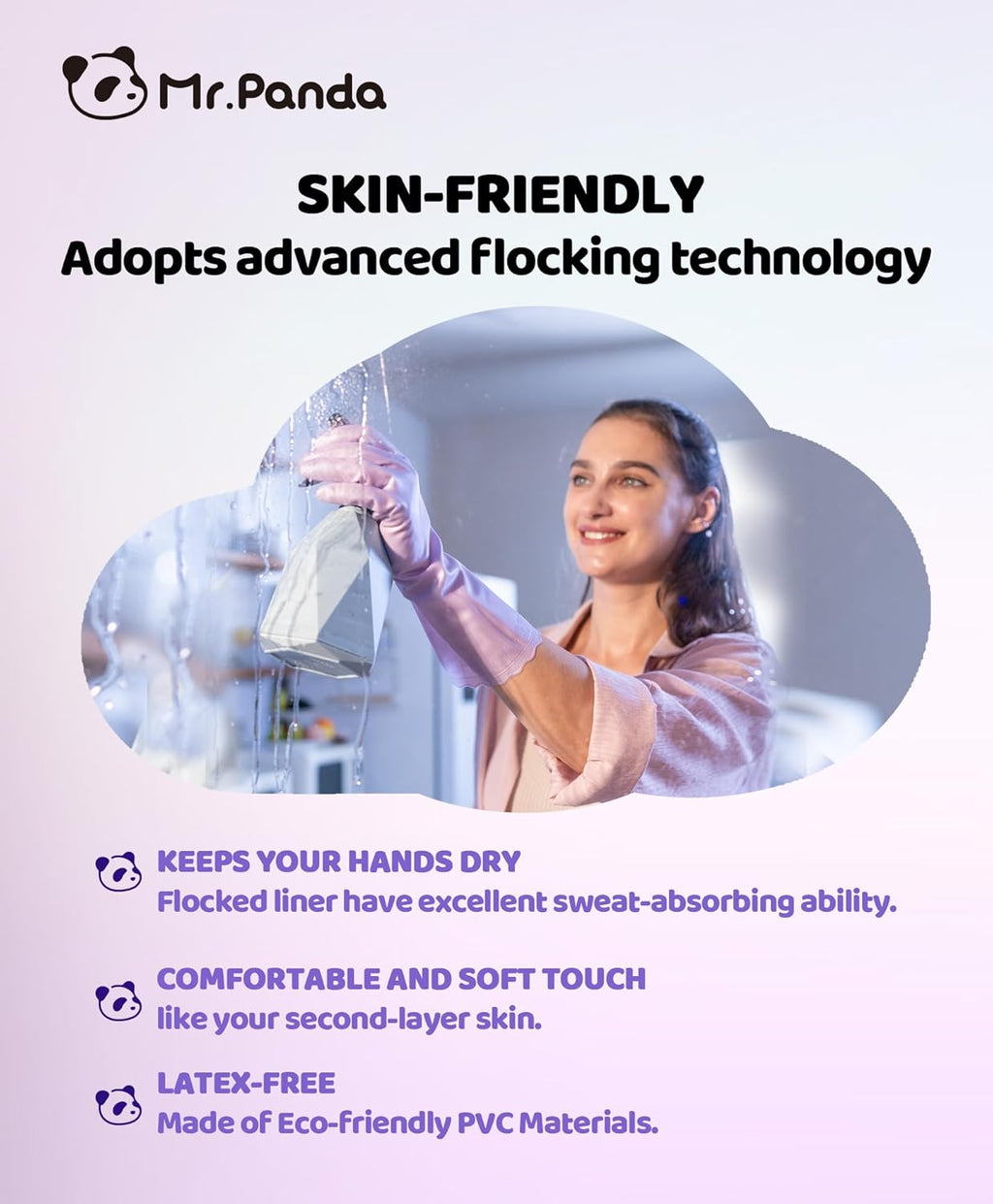 Mr.Panda Skin-Friendly Flocked Cotton Liner Cleaning Gloves Small, Reusable Dishwashing Gloves for Washing Dishes, Kitchen, Shimmering Pink