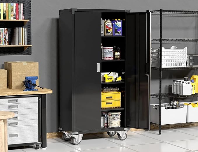Greenvelly Metal Garage Storage Cabinet with Wheels, Black 72" Rolling Storage Cabinet with 2 Doors and Adjustable Shelves, Steel Tool Cabinets, Metal File Cabinets for Garage, Home Office