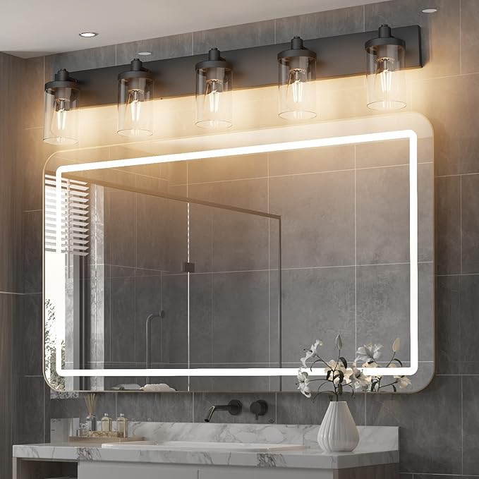 Aipsun Matte Black Bathroom Vanity Light Fixtures 5 Lights Industrial Lighting Fixtures Over Mirror with Clear Glass Shade(Exclude Bulb)