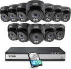 ZOSI C220 16CH 4K PoE Home Security Camera System, 16 Channel 4K 8MP NVR with 4TB HDD for 24/7 Record, 12 x 4MP(1440p) QHD 2.5K Dome IP Cameras Outdoor Indoor, Smart AI Human Detection, Two-Way Audio